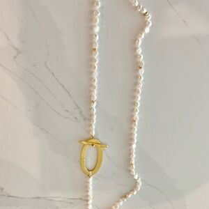 Gold and White Pearl Necklace with Oval Closure  Accent